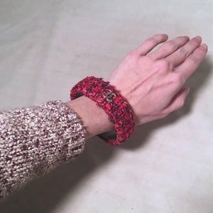 CHANEL Jewelry - Chanel Red Pink Tweed and Steel Bangle Bracelet CHANEL Jewelry - Chanel Red Pink Tweed and Steel Bangle Bracelet